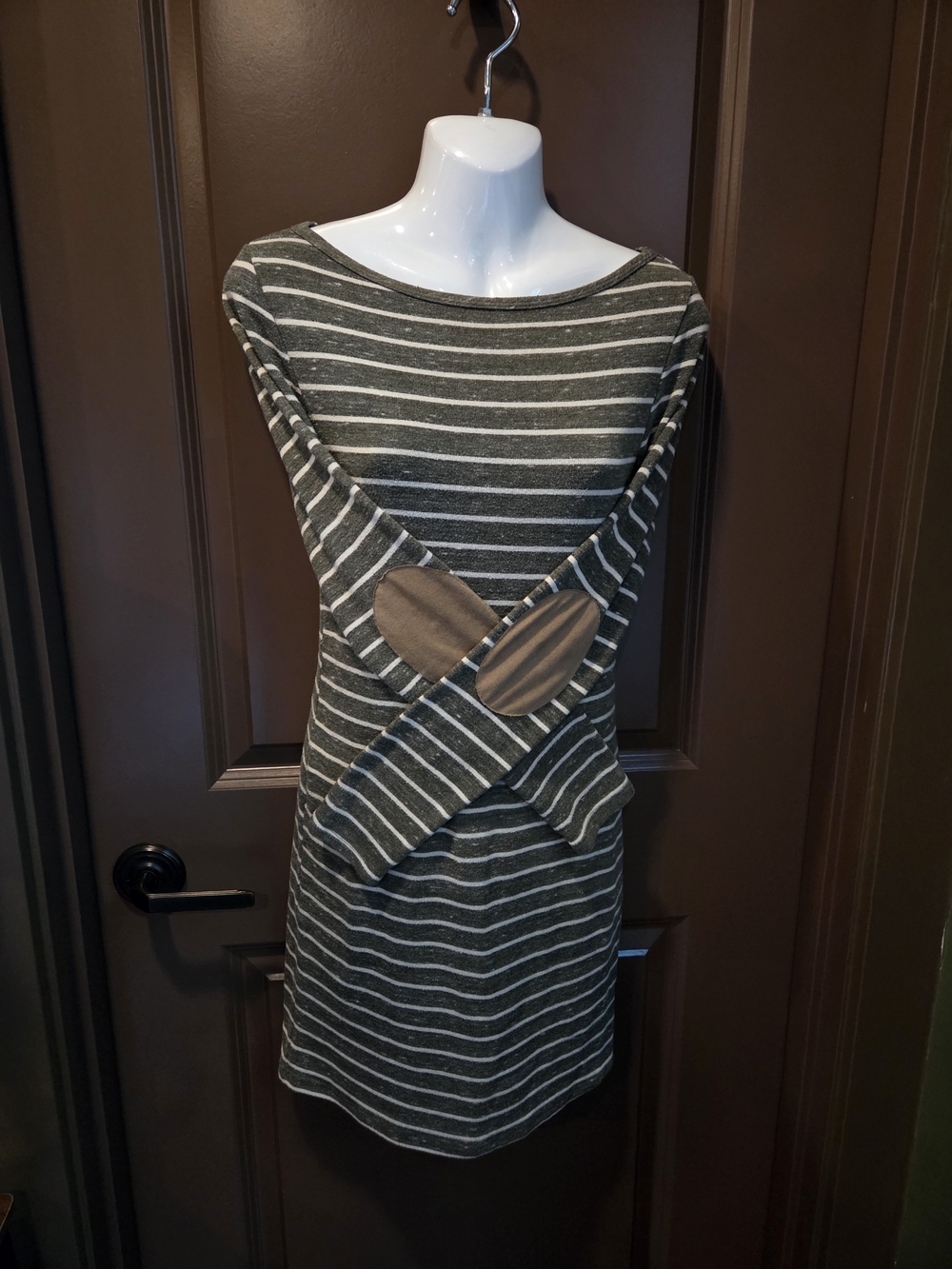 Striped Olive Gray Long-Sleeve Knit Dress with Elbow Patches